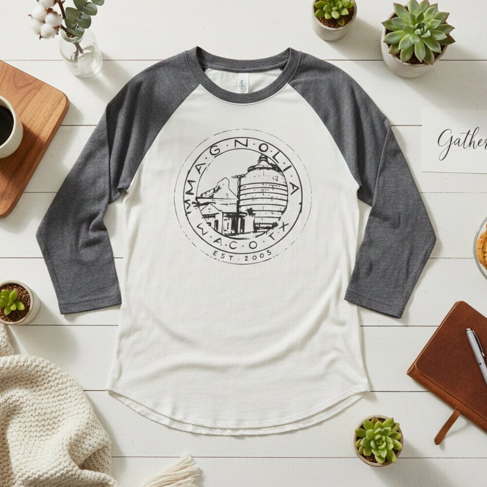 Magnolia Waco TX Raglan Baseball Tee | Grey & White | Small